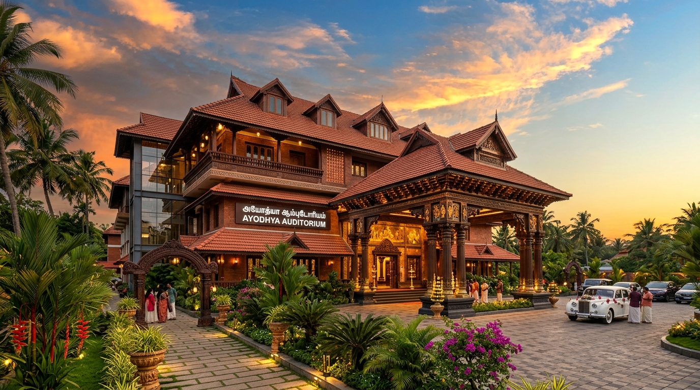 Mangalam Hall — Evening Facade & Entrance